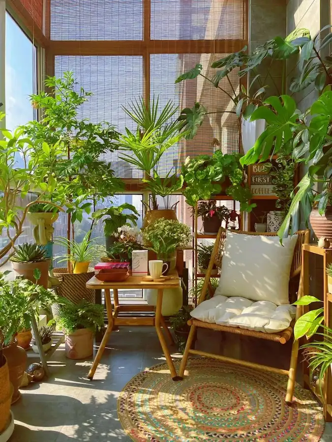 Bright Indoor Balcony Garden With Lush Green Plants