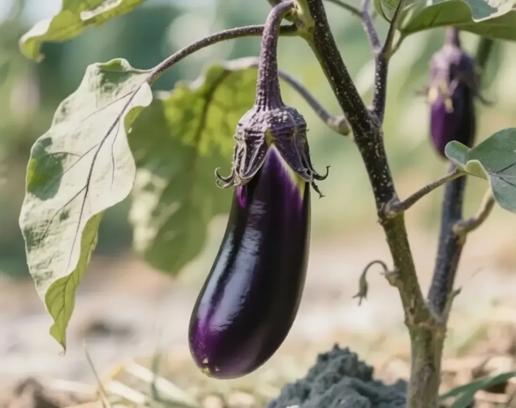 Eggplant plant with wood ash nearby