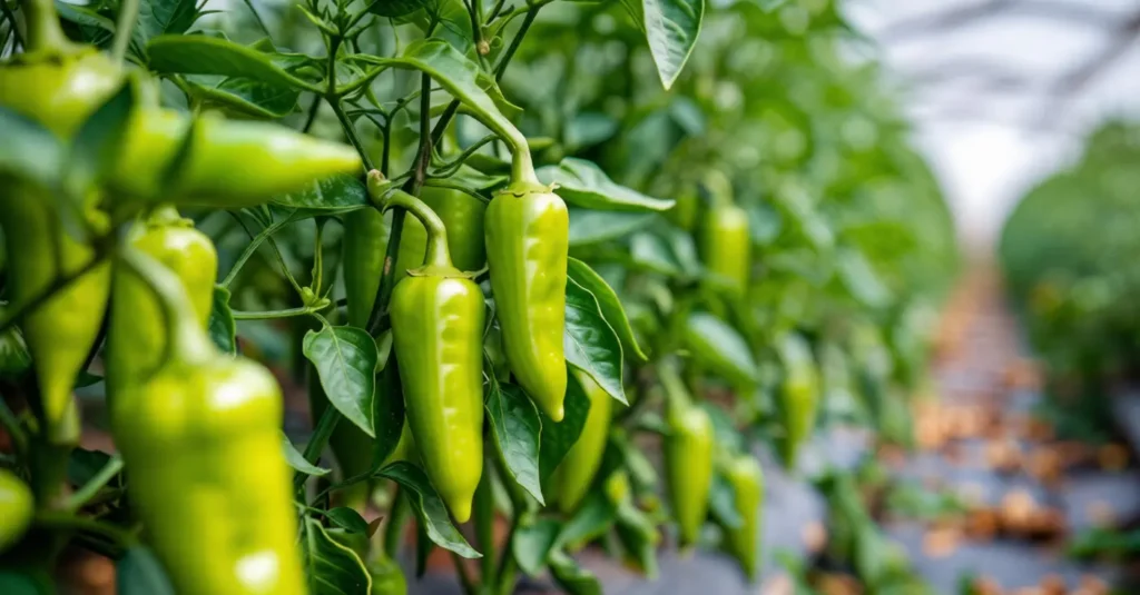 Green chili peppers on plant in greenhouse