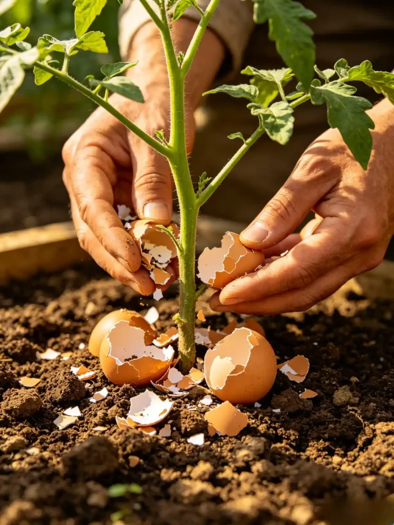 Adding crushed eggshells to soil around tomato plant for calcium and blossom end rot prevention