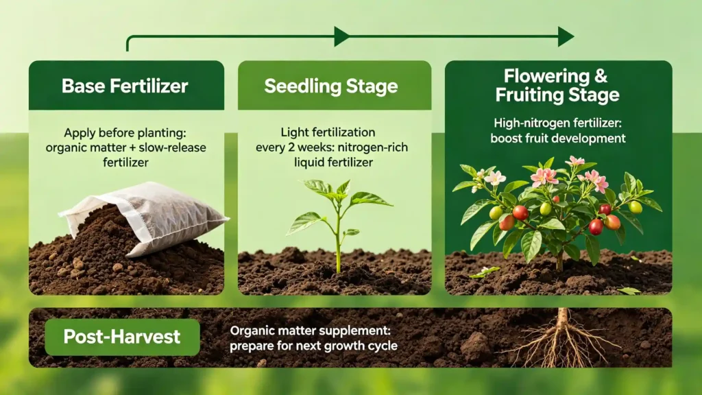 Four stage vegetable garden fertilization schedule showing soil preparation to harvest