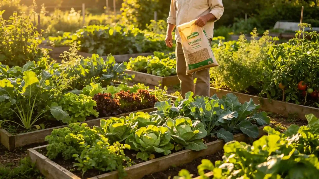 best fertilizer for vegetable garden:Lush vegetable garden with healthy tomato plants and leafy greens growing in raised beds