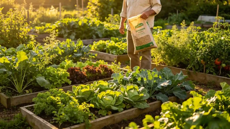 Lush vegetable garden with healthy tomato plants and leafy greens growing in raised beds