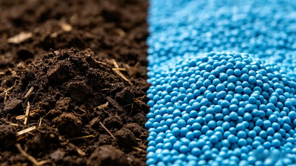 best fertilizer for vegetable garden:Organic composted manure next to blue synthetic granular fertilizer for vegetable gardens