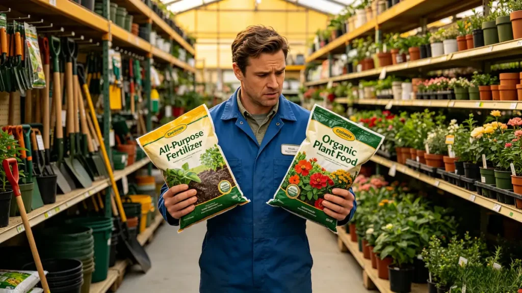 gardener comparing fertilizers for vegetable garden in store aisle