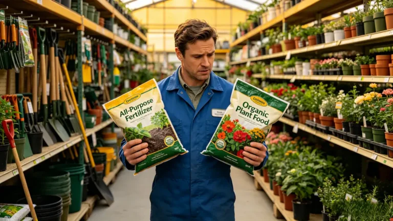 gardener comparing fertilizers for vegetable garden in store aisle
