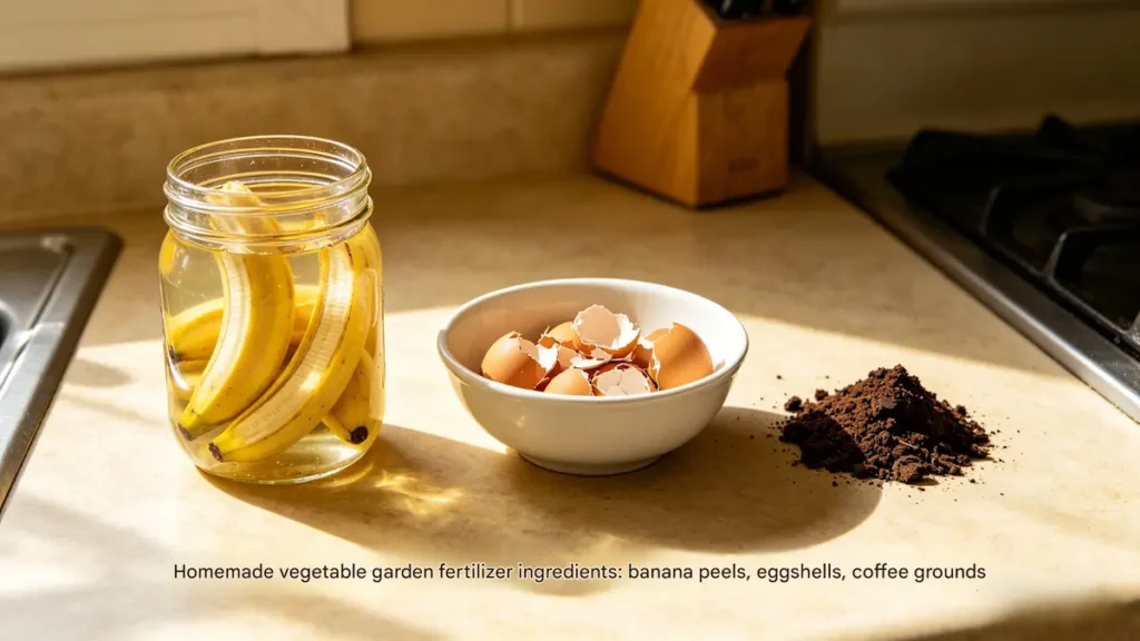 homemade DIY vegetable garden fertilizer ingredients banana peels eggshells coffee grounds