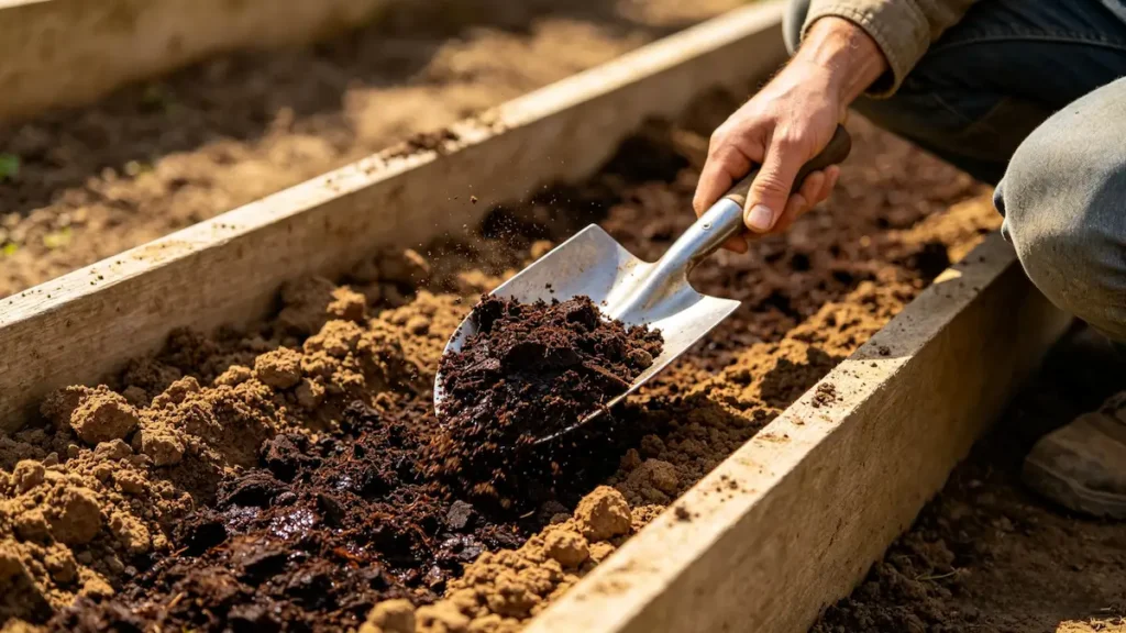mixing organic vegetable garden fertilizer into soil before planting