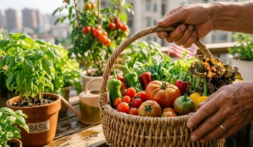 balcony vegetable garden harvest